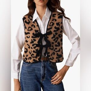 Women's Tie Front Sleeveless Leopard Print Sweater Vest V Neck Fleece